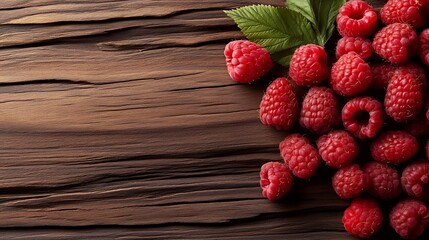 Fresh Raspberries on Rustic Wood: A vibrant display of ripe, red raspberries scattered on a...