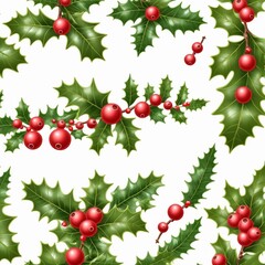 Fototapeta premium Collection set of Holly branches with leaves and berries, traditional natural green and red Christmas and Holidays ornaments isolated on white background