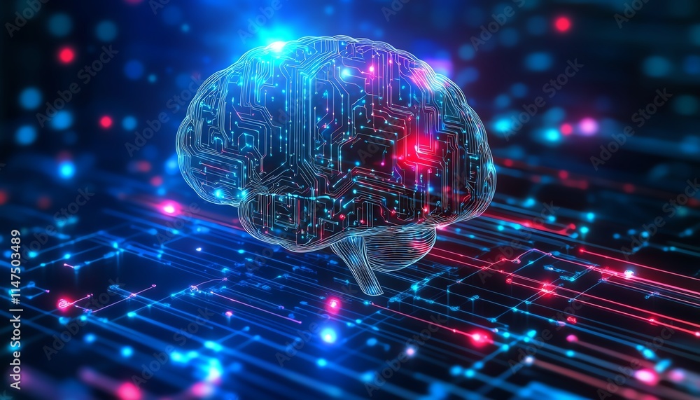 Poster a glowing neural brain connected to a vast data hub, featuring dynamic generative ai visuals, hologr