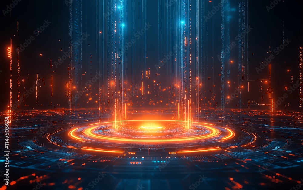 Poster a glowing neural brain merging with a hightech data center, surrounded by dynamic aigenerated light 
