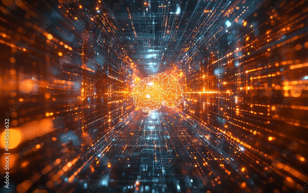 Poster a glowing neural brain merging with a hightech data center, surrounded by dynamic aigenerated light 
