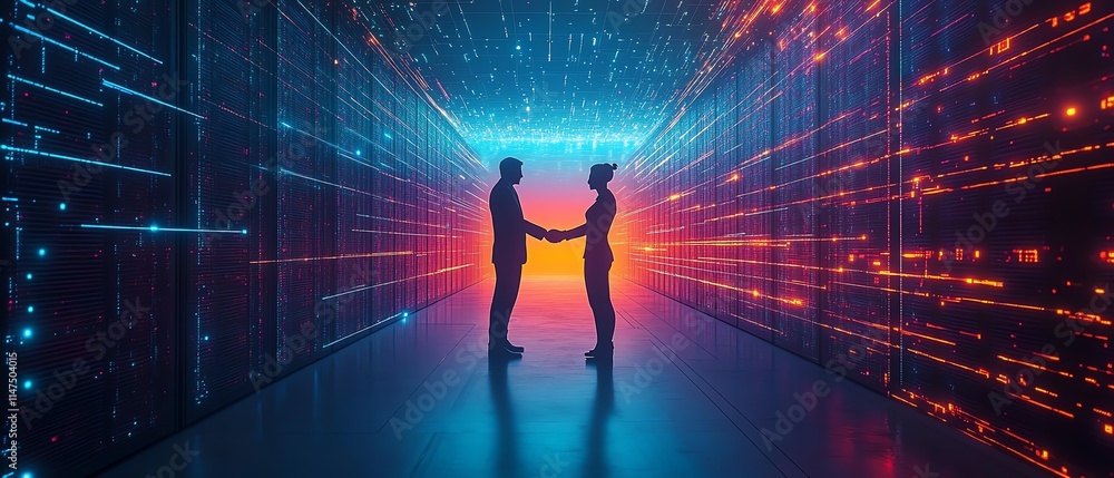 Poster a human and robot shaking hands, framed by a hightech data center and illuminated by dynamic aigener