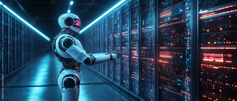 Poster a human and robot shaking hands, framed by a hightech data center and illuminated by dynamic aigener