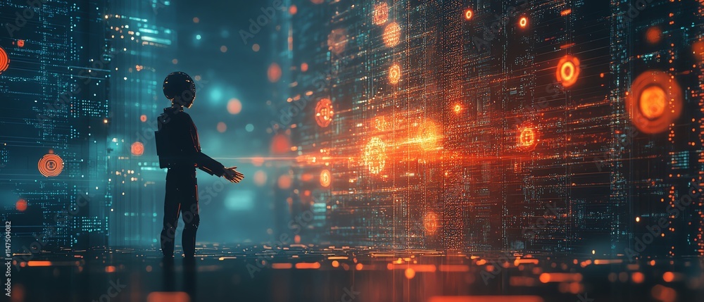 Poster a human and robot shaking hands, framed by a hightech data center and illuminated by dynamic aigener