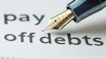 A fountain pen with a gold nib is positioned above the words "pay off debts" on a white background.