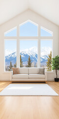 Fototapeta premium Beautiful living room with mountain view through large windows during daylight hours