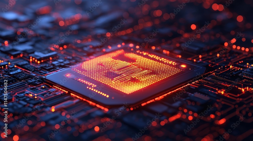 Poster futuristic microchip design with bright pulsing led lights