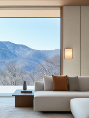 Modern living room with mountain view in serene natural setting during daylight