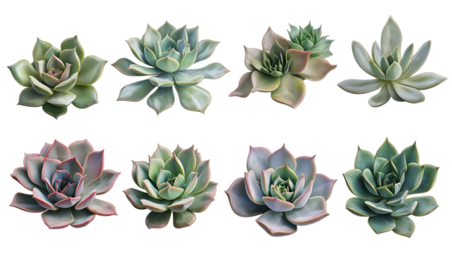 A group of succulents in various shapes and colors, isolated on a soft grey gradient background
