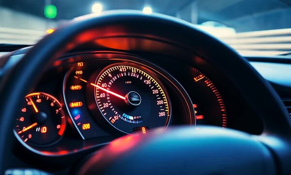 A close-up view of a car's speedometer with illuminated dials and vibrant colors.