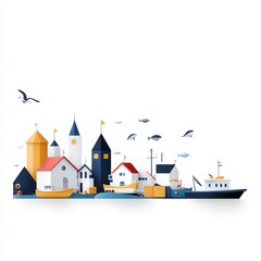 Colorful Maritime Town Scene Featuring Whimsical Boats, Lively Fish, and Playful Seagulls in a Charming Coastal Landscape