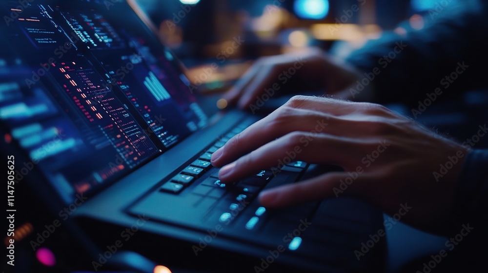 Poster hands typing on an advanced computer with digital display