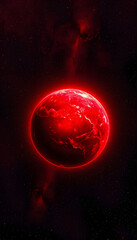 Obraz premium Red glowing earth in cosmic environment - Dramatic image of a glowing red earth with vivid highlights and shadow contrast, set against a surreal cosmic background, clipart style, with white tones