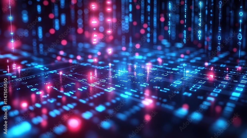 Poster abstract digital data flow, binary code, glowing lines, and circuits.