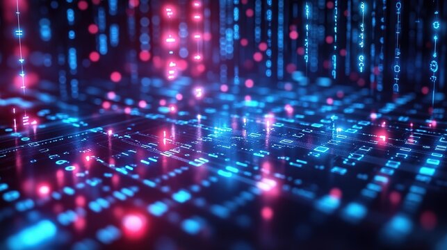 Abstract digital data flow, binary code, glowing lines, and circuits.