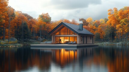 Fototapeta premium A serene wooden cabin by a tranquil lake surrounded by vibrant autumn foliage.