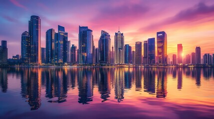 Fototapeta premium Vibrant city skyline reflecting in calm water at sunset.