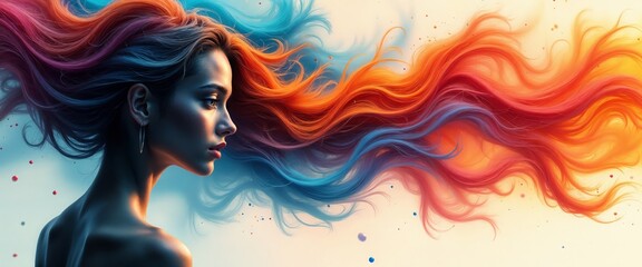 Profile of a woman with vibrant gradient hair in blue, orange, and red.Boldness and transformation through expressive color and style.Creative marketing, personal branding, and beauty product campa

