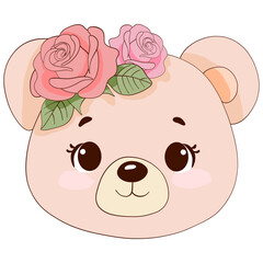 Cute Bear Face with Floral Crown of Pink Roses