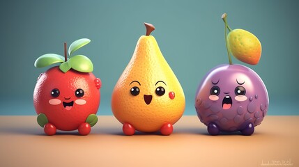 Three cute cartoon fruits apple, pear, and plum, standing in a row on a wooden surface.