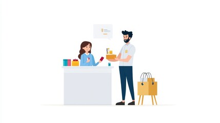 Friendly Retail Interaction Between Salesperson and Customer at Checkout Counter in a Modern Store Environment with Colorful Products Displayed