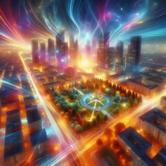 Obraz premium City park at night A vibrant and colorful image of a city park a