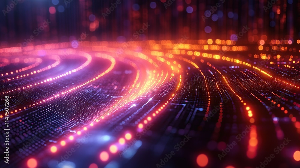 Poster abstract glowing lines and particles forming dynamic curves in dark background.