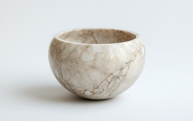 Elegant, round alabaster bowl with beige and white marbling, isolated on white background.