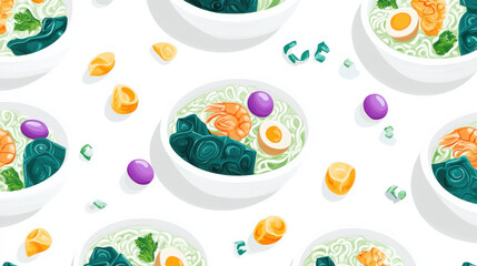 Naklejka premium A seamless pattern featuring bowls of ramen with vibrant green and orange noodles, colorful toppings like purple eggs and blue seaweed, interspersed with teal shrimp and golden dumplings