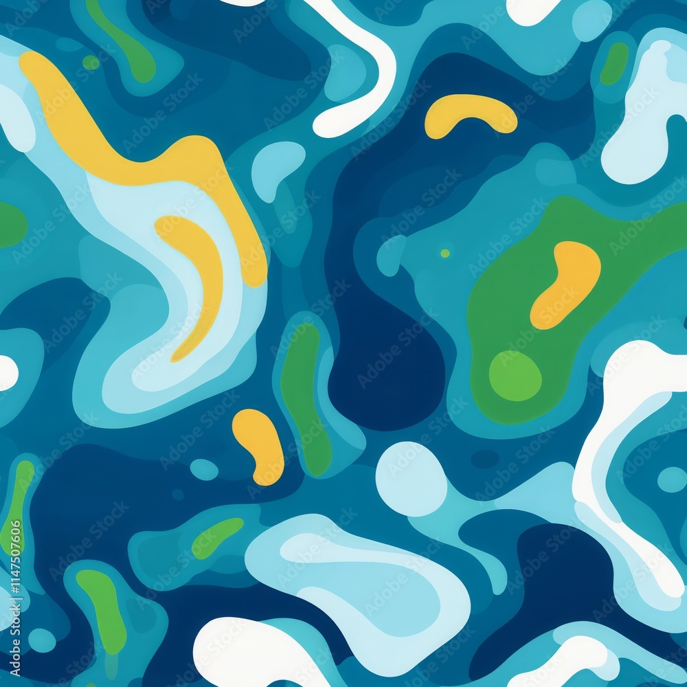 Poster abstract fluid art with blue, green, yellow, and white wave-like patterns.flow and transformation th