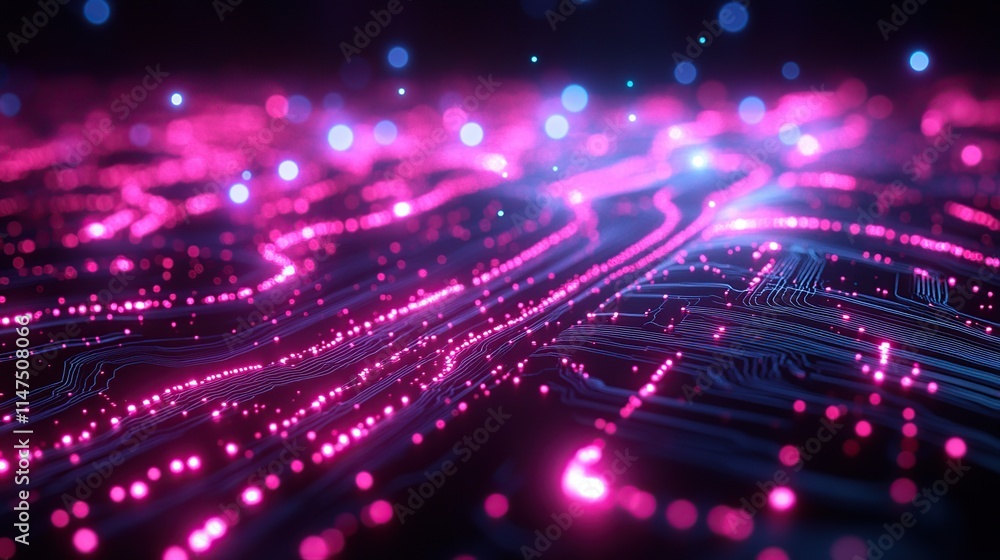 Aufkleber abstract glowing circuit board with pink and blue lights, digital data streams.