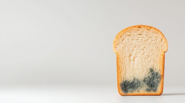 Moldy Bread Slice Isolated Against a Light Background with Clear Details Showing Fungal Growth and Texture of the Bread Crust and Interior