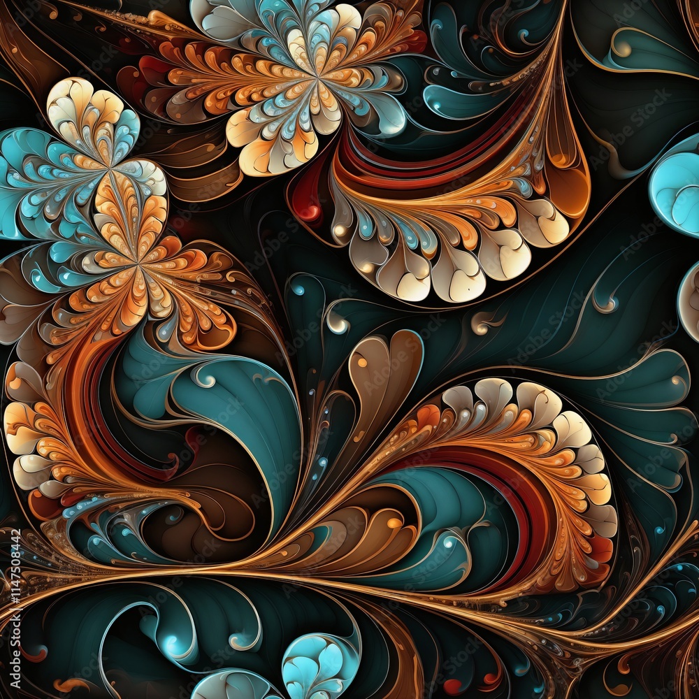 Poster abstract fractal design with flowing curves in blue, orange, and brown.harmony and complexity in ele