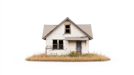 Abandoned House Surrounded by Overgrown Grass with Peeling Paint and Broken Windows, Evoking Feelings of Nostalgia and Decay in a Rural Setting
