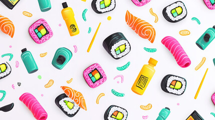 A decorative pattern of stylized sushi rolls in bright pink, lime green, and lavender