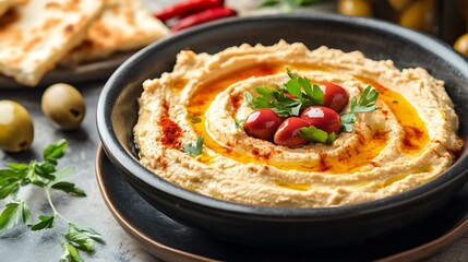 Delicious hummus platter garnished with olive oil, herbs, and spices, served with pita bread and fresh vegetables.