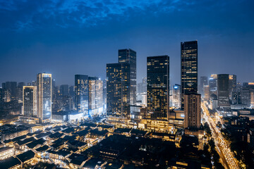 High angle night scenery of Taikoo Li commercial district in Chengdu, Sichuan Province, China