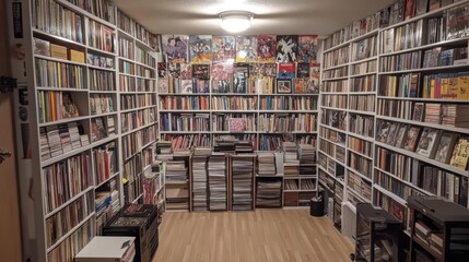A room filled with floor-to-ceiling bookshelves and a variety of books, magazines, and other media.