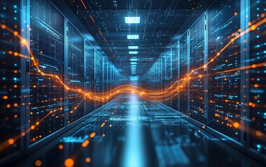 Obraz premium An abstract representation of law scales intertwined with digital patterns, set against a background of servers and AIdriven visuals in a hightech data center