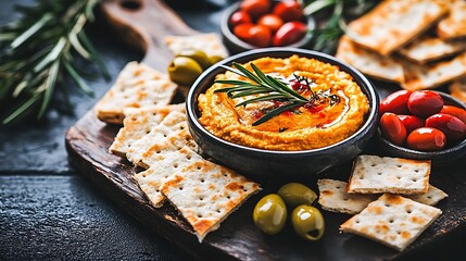 Close-up of a vibrant Mediterranean hummus dish accompanied by crackers, olives, and cherry tomatoes.