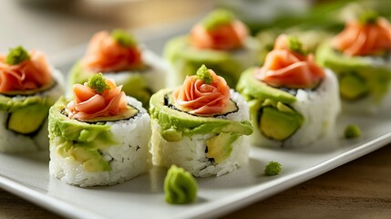 Artistic plating of vegan sushi bites with avocado roses and wasabi garnish, styled under crisp natural lighting 