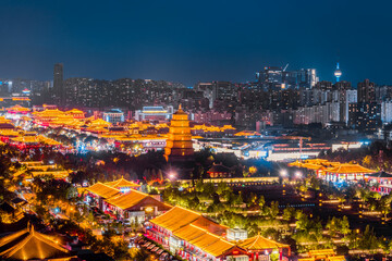 High Anlge View of urban skyline night view of the Big Wild Goose Pagoda in Xi'an, Shaanxi, China