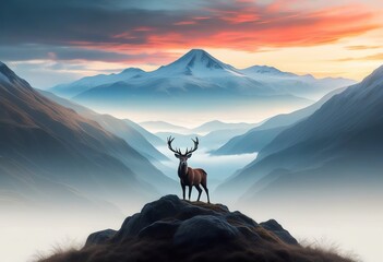 A majestic red deer stands proudly atop a rocky mountain peak, overlooking a vast, misty valley at sunrise. Snowcapped mountains rise in the distance under a vibrant sky