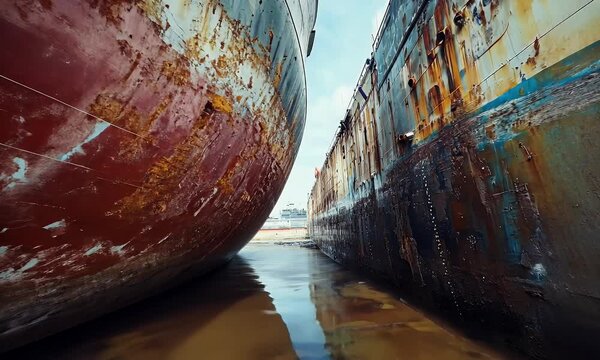 Two large, rusted ships in a dry dock, showcasing industrial decay and ship repair.