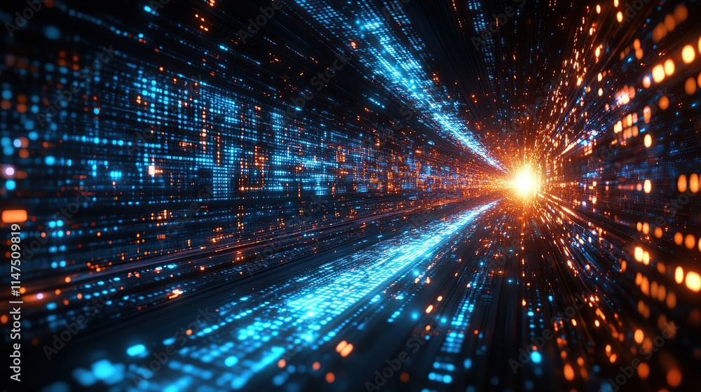 Poster abstract digital tunnel with glowing particles and data streams.