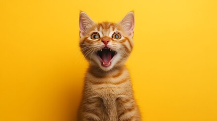 Obraz premium Playful kitten expressing joy on yellow background close-up shot