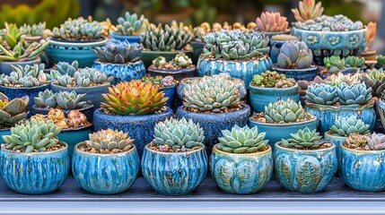 A vibrant collection of colorful succulent plants in ceramic pots, ideal for home decor and gardening enthusiasts.