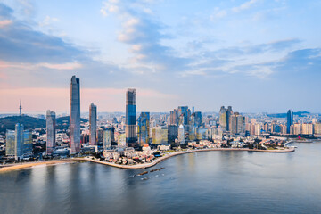 Fototapeta premium Aerial Scenery of the Coastal Architecture Complex in Fushan Bay, Qingdao, Shandong Province, China