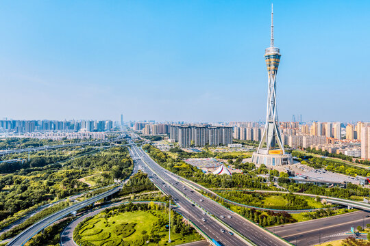 High view scenery of Zhongyuan Futa and overpass in Zhengzhou, Henan, China	
