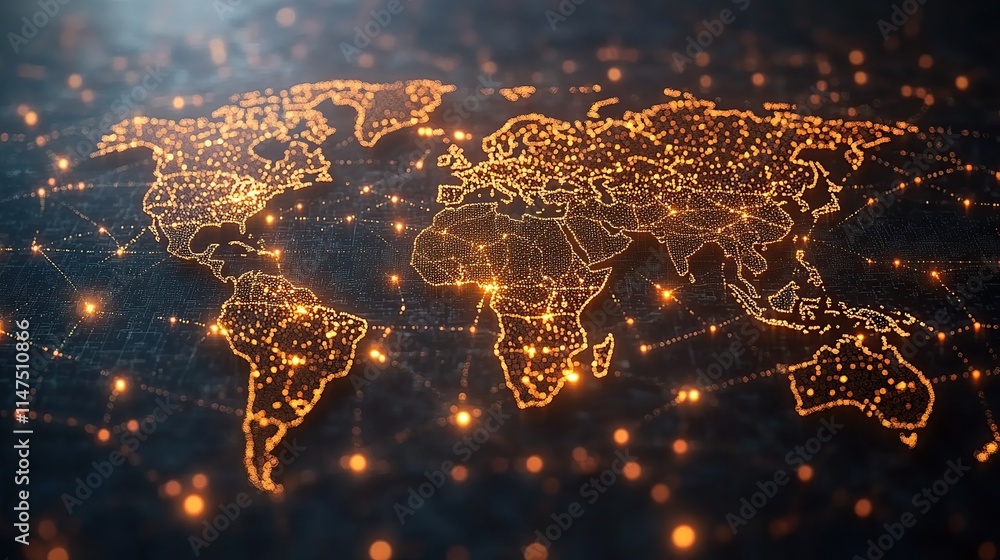 Poster illuminated world map depicting global network connections.